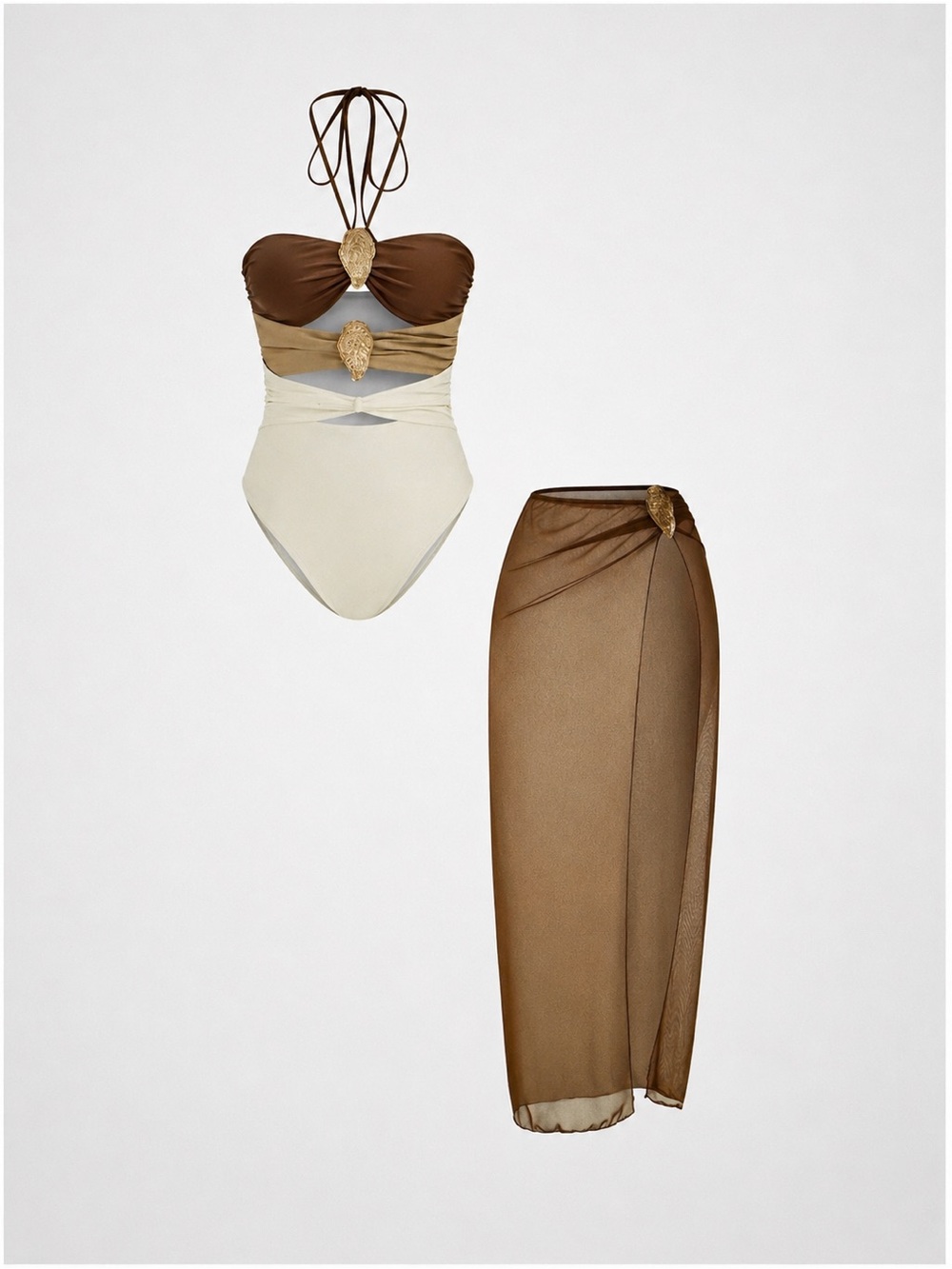 New with Tag! Two-Tone Brown & Cream One-Piece Swimsuit with Brown Sheer Sarong